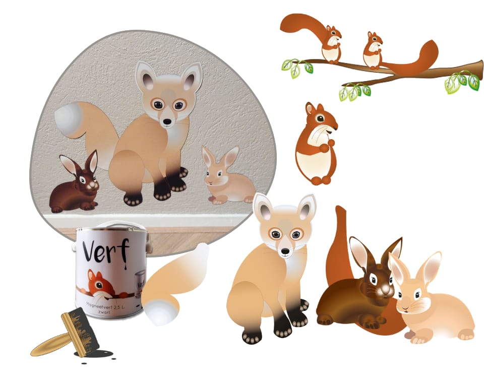 startpakket magische magneten, magneetverf 2.5l., magnetische konijnen, magnetische vos, en magnetische eekhoorn magnetische decoratie, magnetisch behang